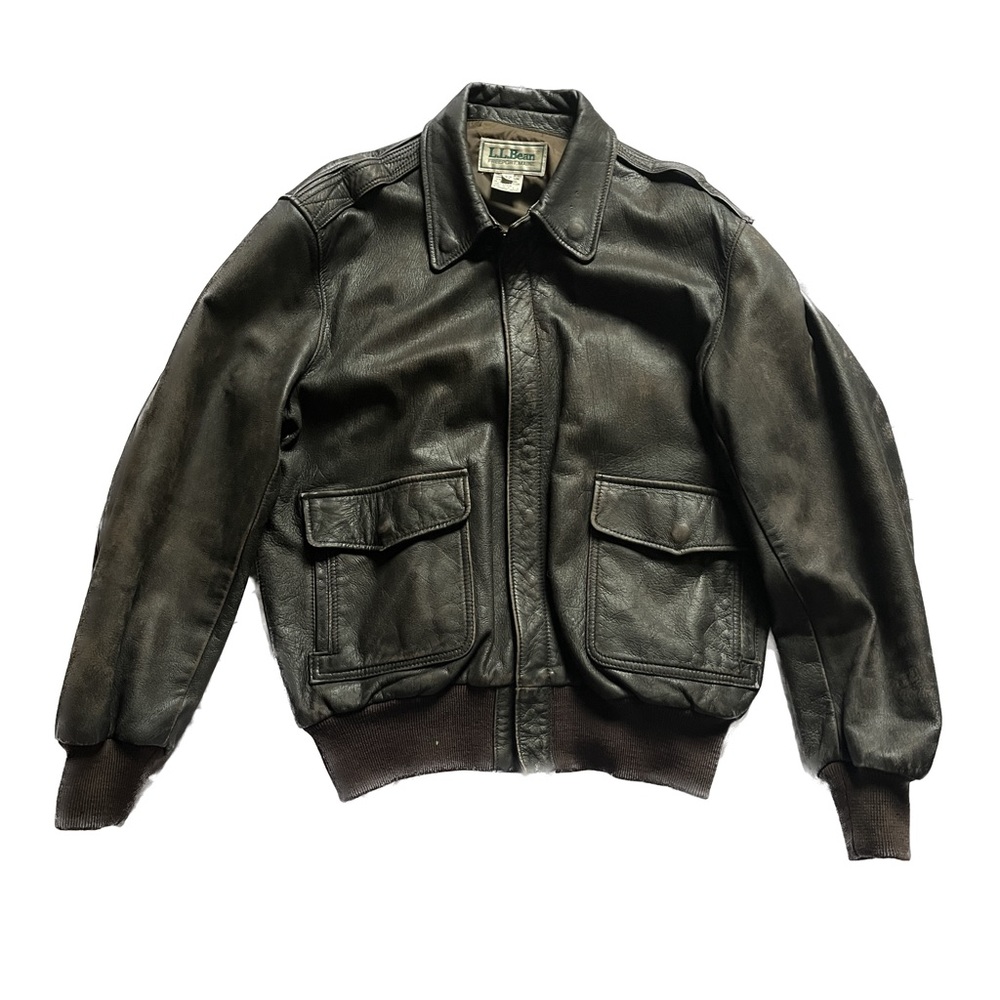 Vintage LL Bean Dark Brown Leather Bomber Flight Jacket Mens Size 42 Made in USA